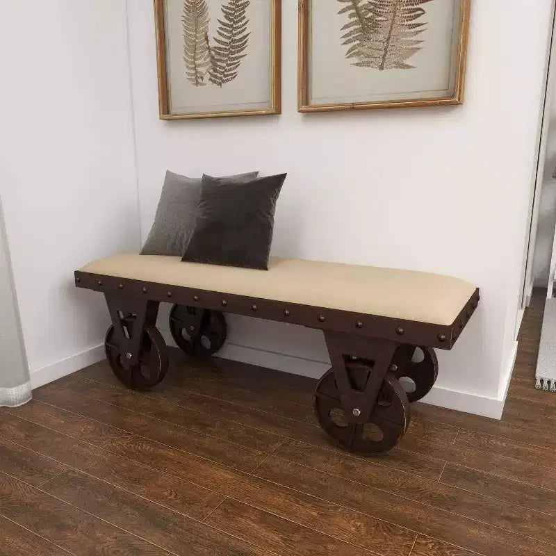 Industrial Wood Bench Brown - Olivia & May: Metal Frame, Wheeled, 400 lbs Capacity