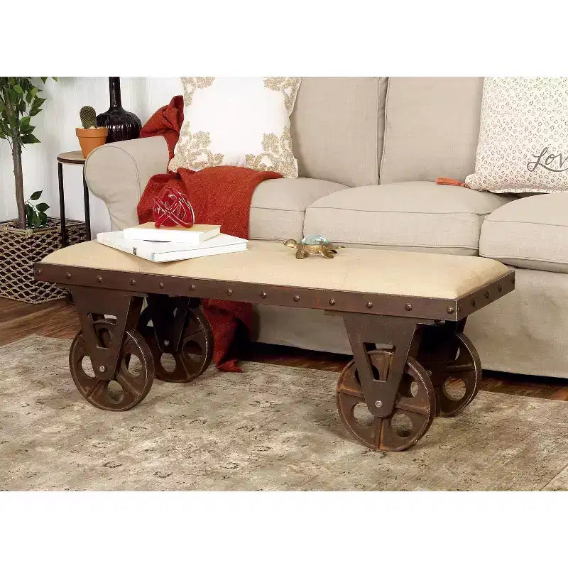 Industrial Wood Bench Brown - Olivia & May: Metal Frame, Wheeled, 400 lbs Capacity