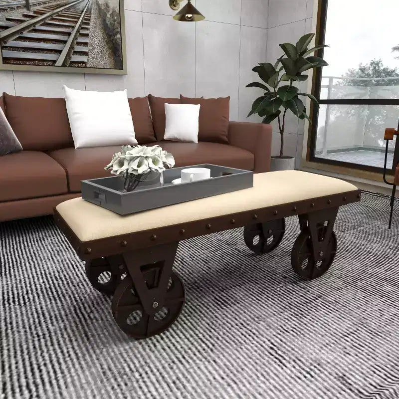 Industrial Wood Bench Brown - Olivia & May: Metal Frame, Wheeled, 400 lbs Capacity