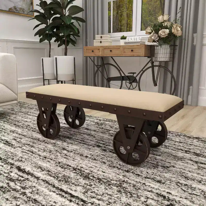 Industrial Wood Bench Brown - Olivia & May: Metal Frame, Wheeled, 400 lbs Capacity