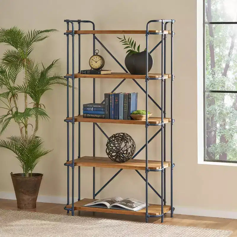 Christopher Knight Home Yorktown 66.75" 5-Shelf Industrial Bookcase Brown: Metal & Wood, Console Style, 250lb Capacity