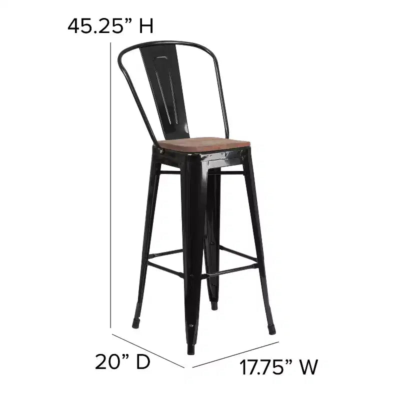 Merrick Lane Metal Dining Stool with Curved Slatted Back and Textured Wood Seat