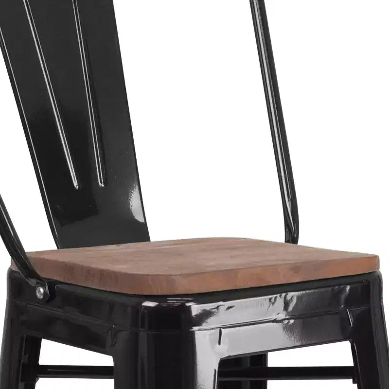 Merrick Lane Metal Dining Stool with Curved Slatted Back and Textured Wood Seat