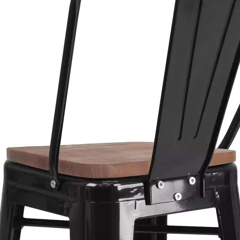 Merrick Lane Metal Dining Stool with Curved Slatted Back and Textured Wood Seat