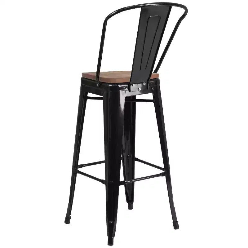 Merrick Lane Metal Dining Stool with Curved Slatted Back and Textured Wood Seat