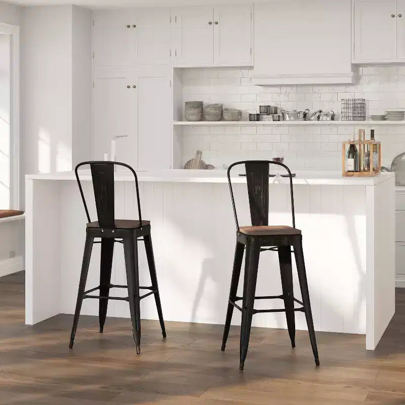Merrick Lane Metal Dining Stool with Curved Slatted Back and Textured Wood Seat