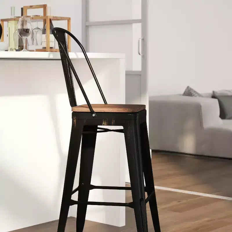 Merrick Lane Metal Dining Stool with Curved Slatted Back and Textured Wood Seat