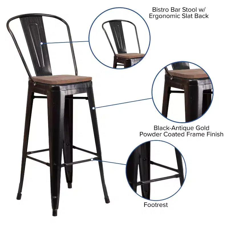 Merrick Lane Metal Dining Stool with Curved Slatted Back and Textured Wood Seat