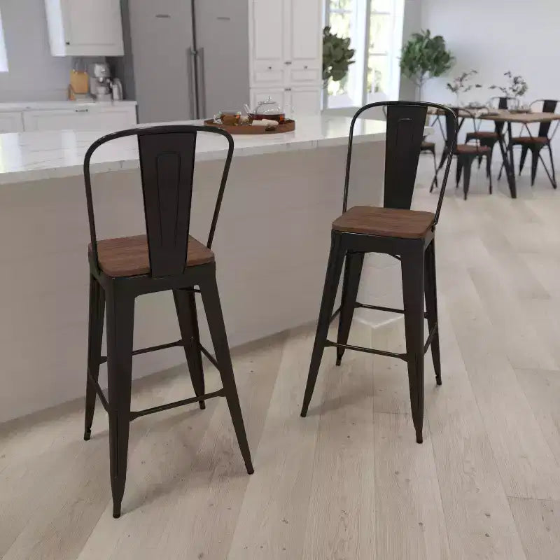 Merrick Lane Metal Dining Stool with Curved Slatted Back and Textured Wood Seat