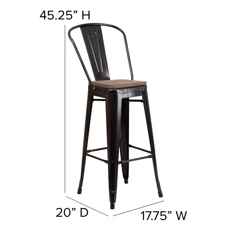 Merrick Lane Metal Dining Stool with Curved Slatted Back and Textured Wood Seat