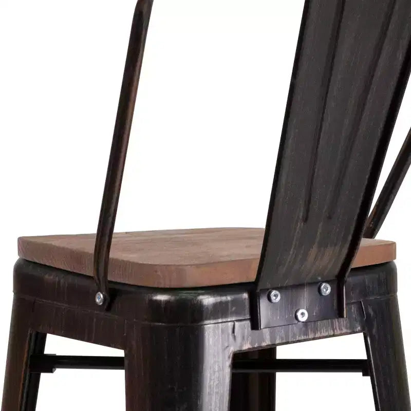 Merrick Lane Metal Dining Stool with Curved Slatted Back and Textured Wood Seat