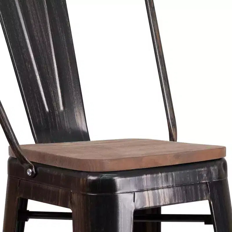 Merrick Lane Metal Dining Stool with Curved Slatted Back and Textured Wood Seat