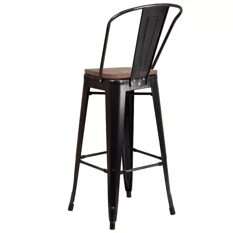Merrick Lane Metal Dining Stool with Curved Slatted Back and Textured Wood Seat