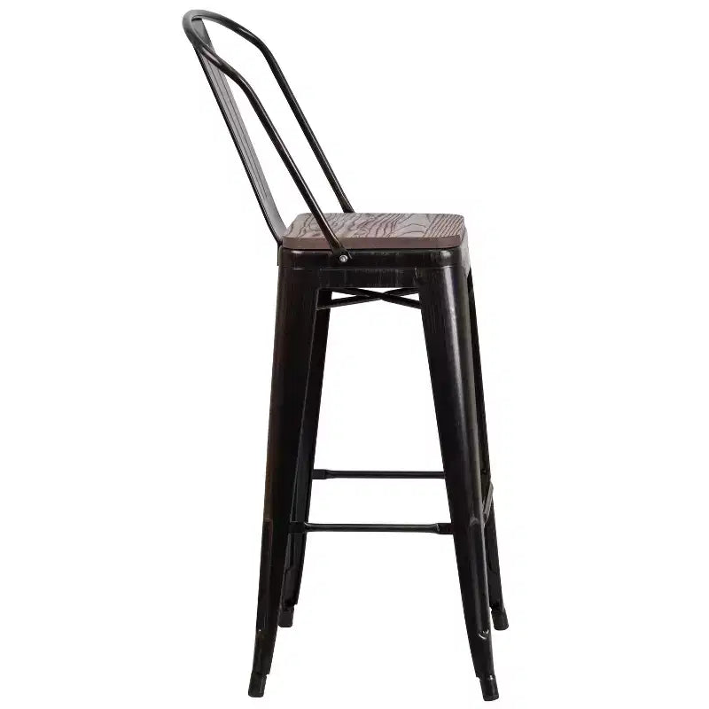 Merrick Lane Metal Dining Stool with Curved Slatted Back and Textured Wood Seat
