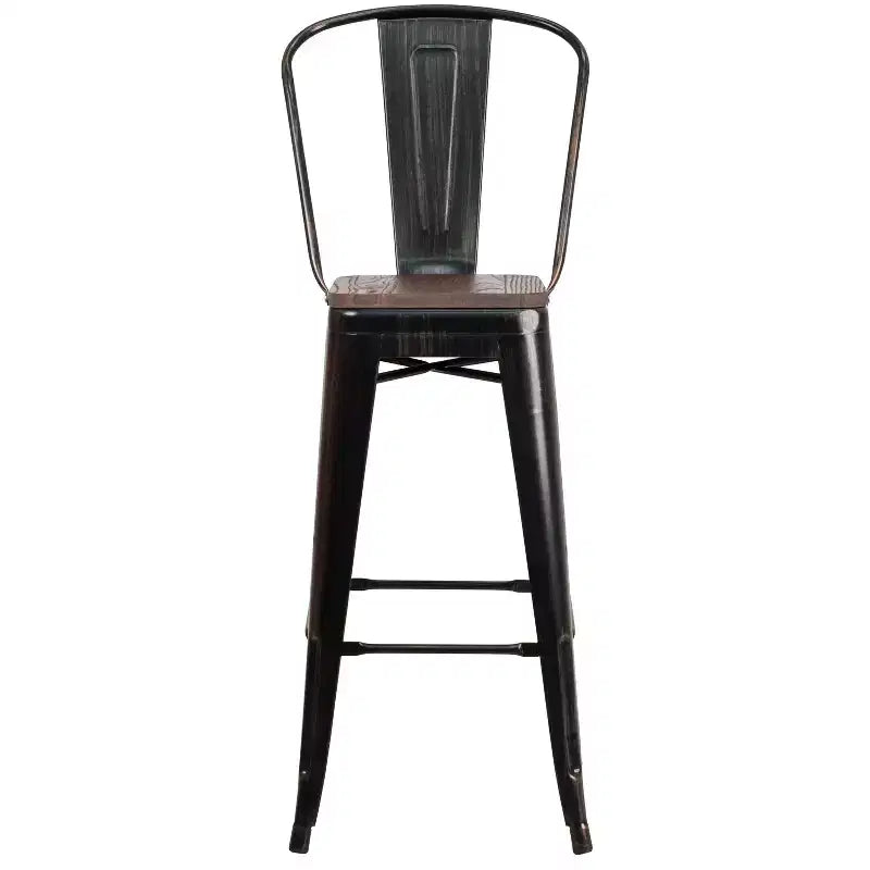 Merrick Lane Metal Dining Stool with Curved Slatted Back and Textured Wood Seat