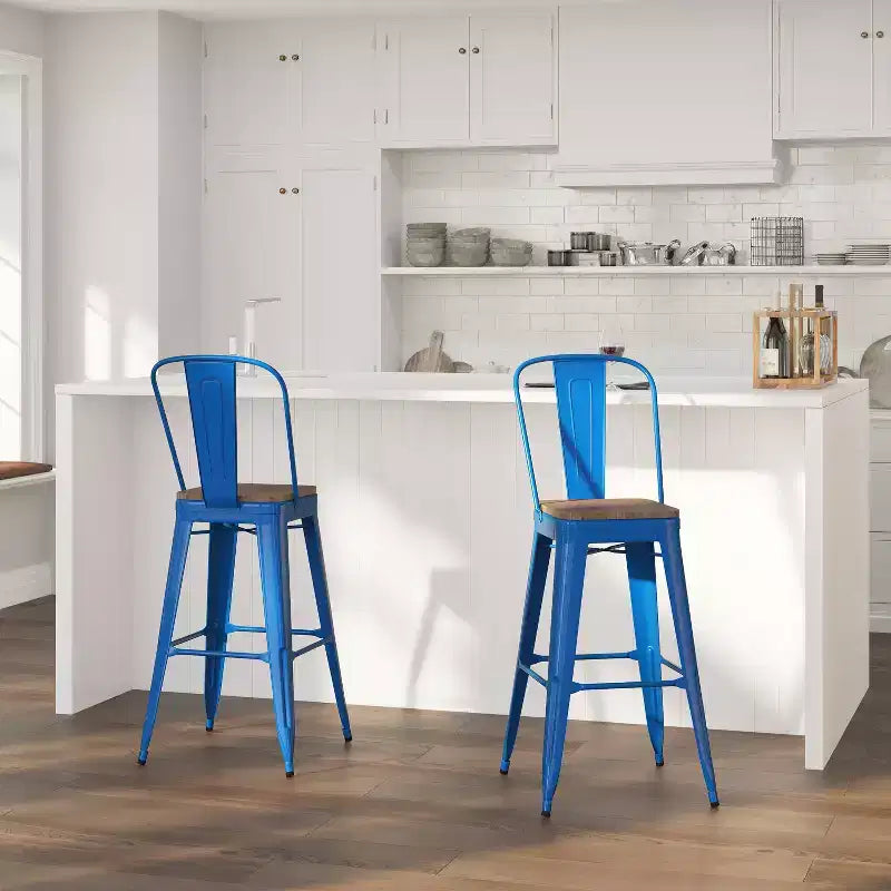 Merrick Lane Metal Dining Stool with Curved Slatted Back and Textured Wood Seat