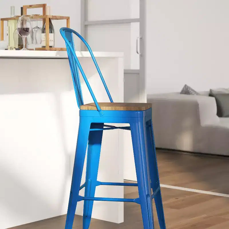 Merrick Lane Metal Dining Stool with Curved Slatted Back and Textured Wood Seat