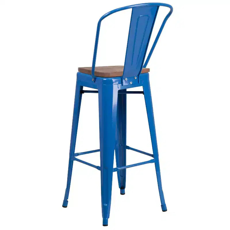 Merrick Lane Metal Dining Stool with Curved Slatted Back and Textured Wood Seat