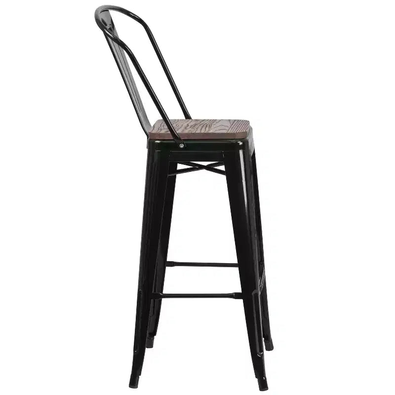 Merrick Lane Metal Dining Stool with Curved Slatted Back and Textured Wood Seat