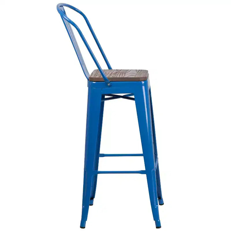 Merrick Lane Metal Dining Stool with Curved Slatted Back and Textured Wood Seat