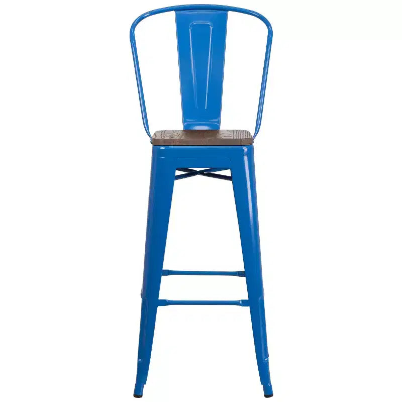 Merrick Lane Metal Dining Stool with Curved Slatted Back and Textured Wood Seat