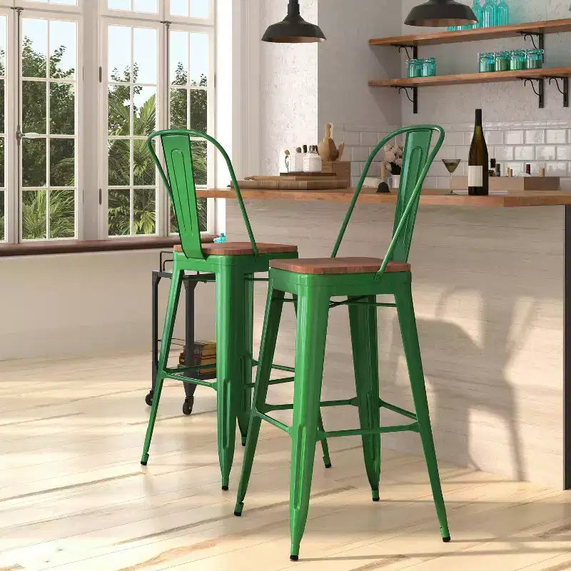 Merrick Lane Metal Dining Stool with Curved Slatted Back and Textured Wood Seat