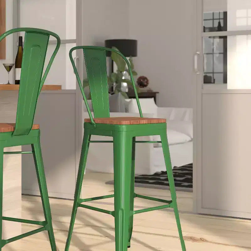 Merrick Lane Metal Dining Stool with Curved Slatted Back and Textured Wood Seat