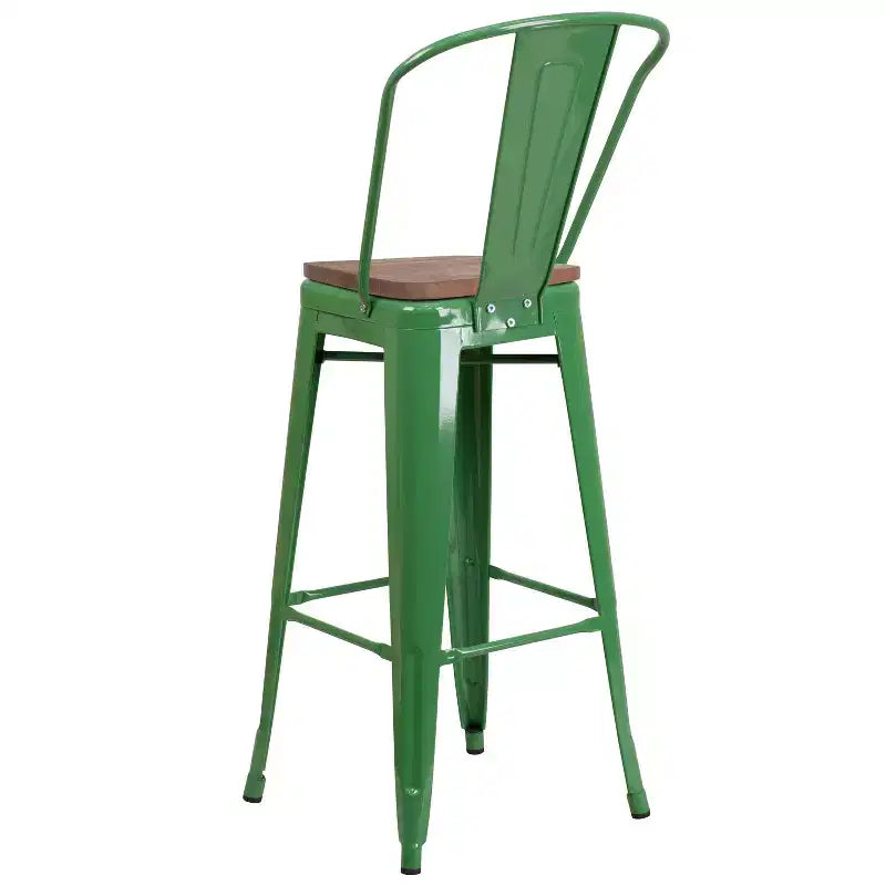 Merrick Lane Metal Dining Stool with Curved Slatted Back and Textured Wood Seat