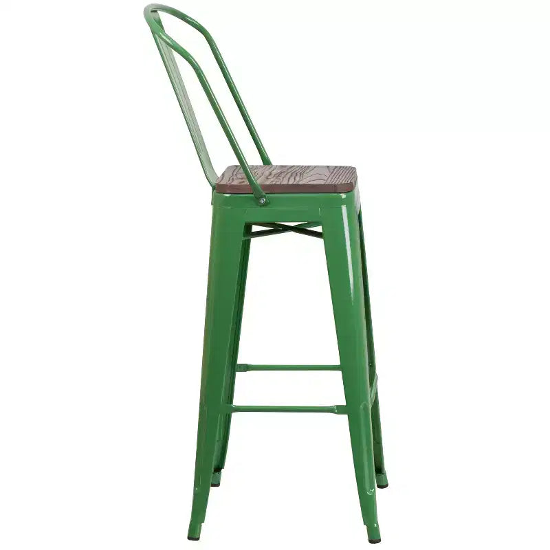 Merrick Lane Metal Dining Stool with Curved Slatted Back and Textured Wood Seat