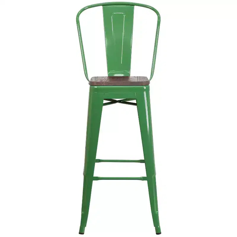 Merrick Lane Metal Dining Stool with Curved Slatted Back and Textured Wood Seat