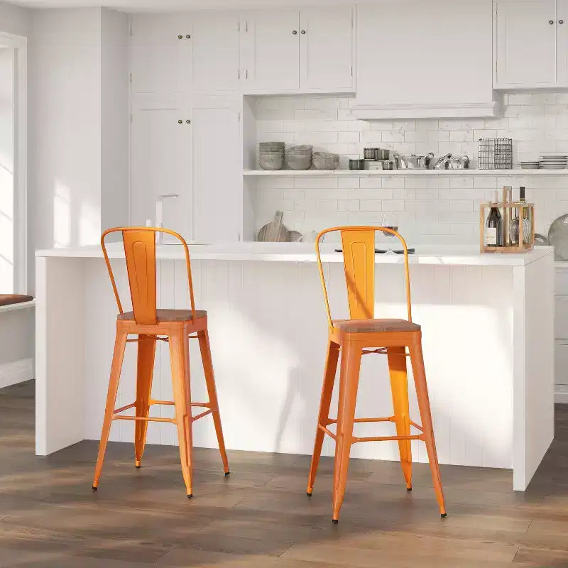 Merrick Lane Metal Dining Stool with Curved Slatted Back and Textured Wood Seat