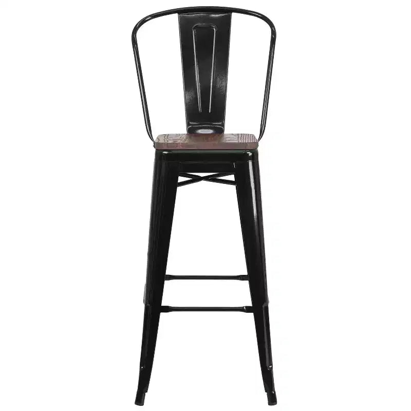 Merrick Lane Metal Dining Stool with Curved Slatted Back and Textured Wood Seat