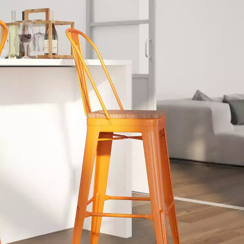 Merrick Lane Metal Dining Stool with Curved Slatted Back and Textured Wood Seat