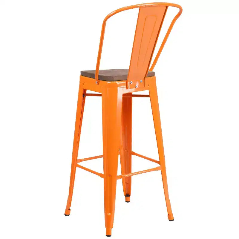 Merrick Lane Metal Dining Stool with Curved Slatted Back and Textured Wood Seat