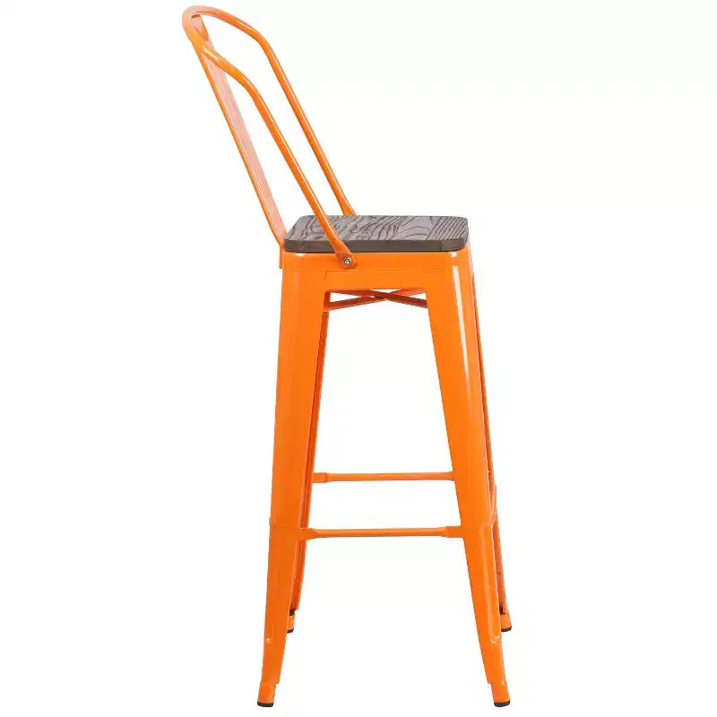 Merrick Lane Metal Dining Stool with Curved Slatted Back and Textured Wood Seat