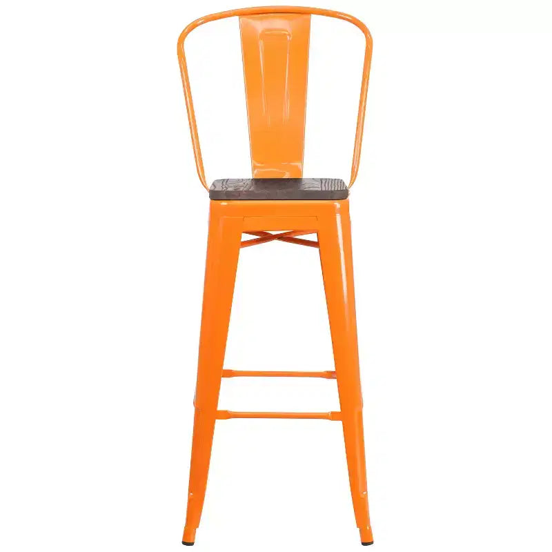 Merrick Lane Metal Dining Stool with Curved Slatted Back and Textured Wood Seat
