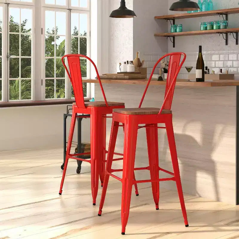 Merrick Lane Metal Dining Stool with Curved Slatted Back and Textured Wood Seat