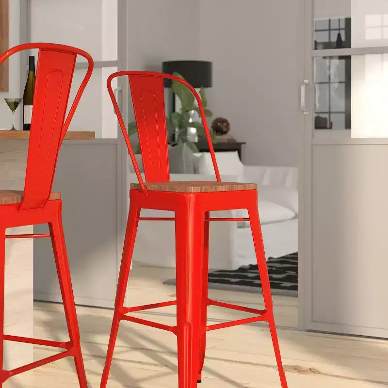 Merrick Lane Metal Dining Stool with Curved Slatted Back and Textured Wood Seat