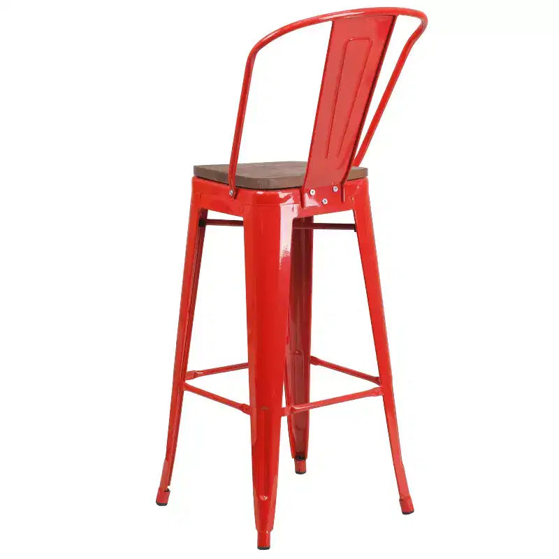 Merrick Lane Metal Dining Stool with Curved Slatted Back and Textured Wood Seat