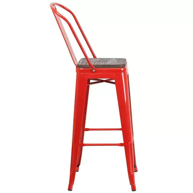 Merrick Lane Metal Dining Stool with Curved Slatted Back and Textured Wood Seat
