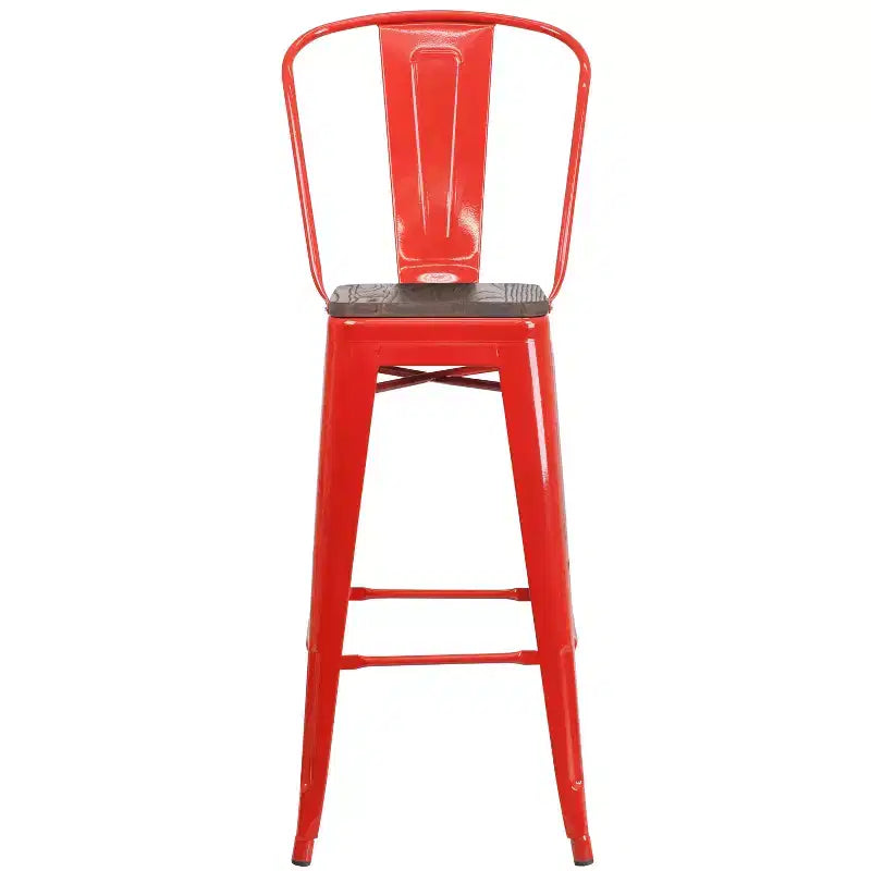 Merrick Lane Metal Dining Stool with Curved Slatted Back and Textured Wood Seat