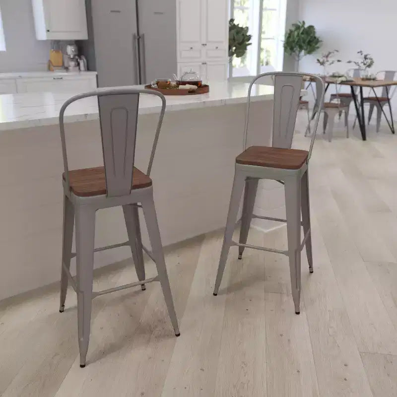 Merrick Lane Metal Dining Stool with Curved Slatted Back and Textured Wood Seat