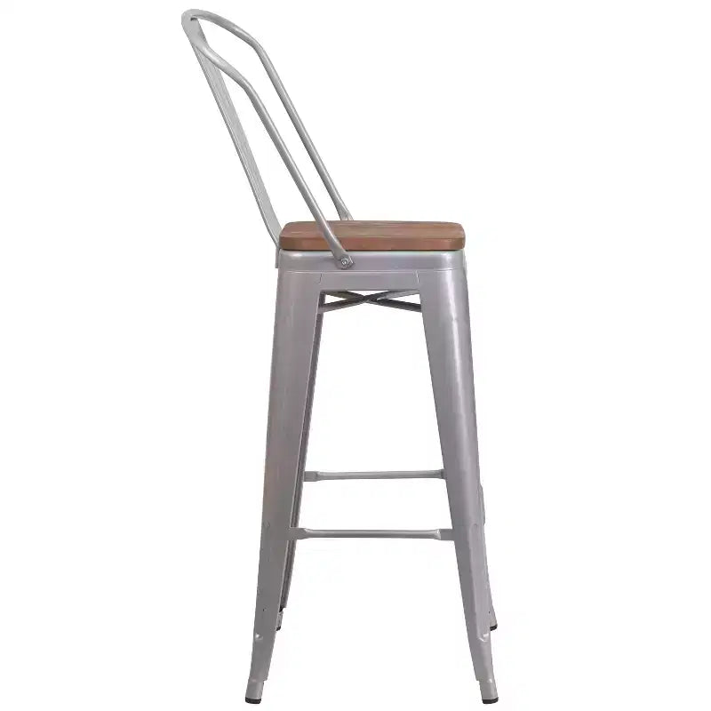 Merrick Lane Metal Dining Stool with Curved Slatted Back and Textured Wood Seat
