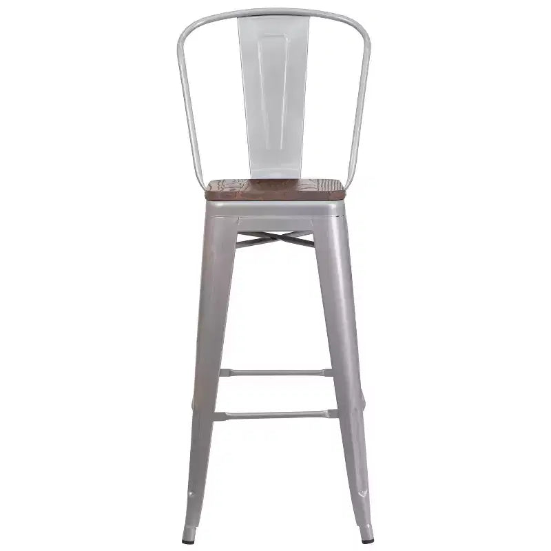 Merrick Lane Metal Dining Stool with Curved Slatted Back and Textured Wood Seat