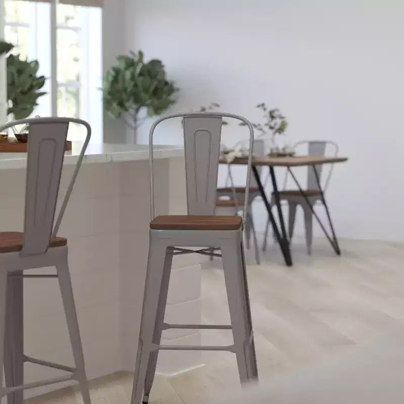Merrick Lane Metal Dining Stool with Curved Slatted Back and Textured Wood Seat