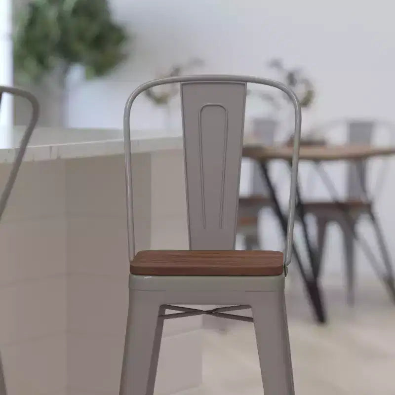 Merrick Lane Metal Dining Stool with Curved Slatted Back and Textured Wood Seat