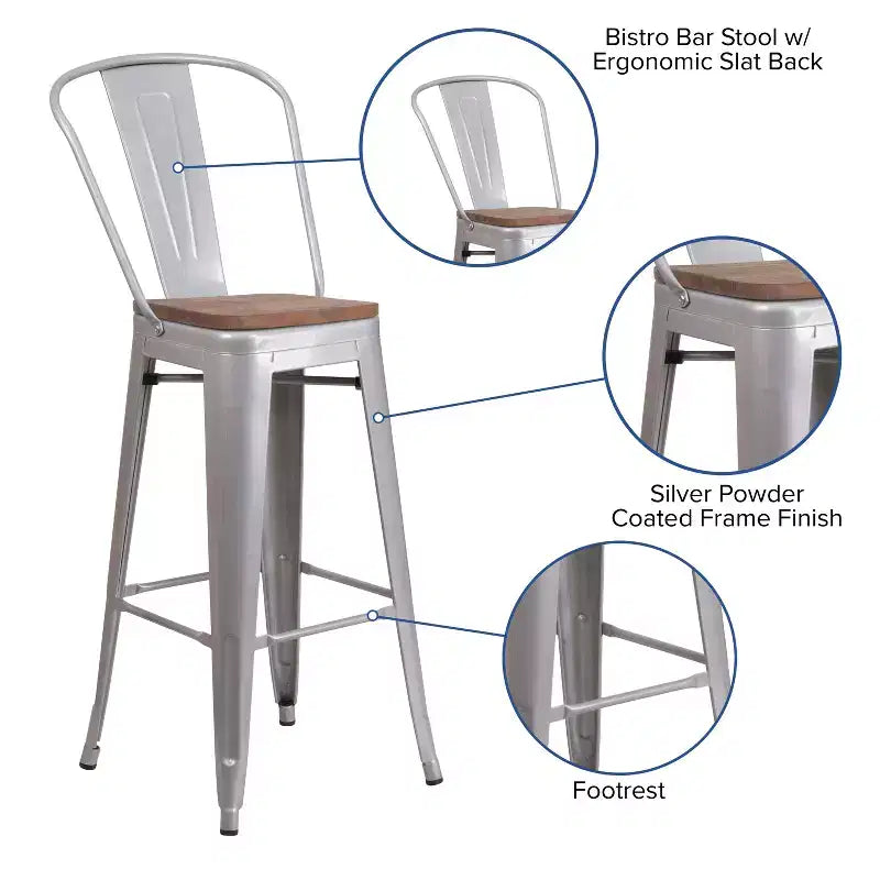 Merrick Lane Metal Dining Stool with Curved Slatted Back and Textured Wood Seat