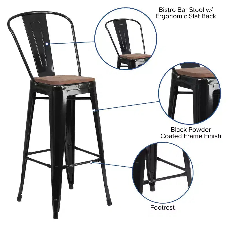 Merrick Lane Metal Dining Stool with Curved Slatted Back and Textured Wood Seat