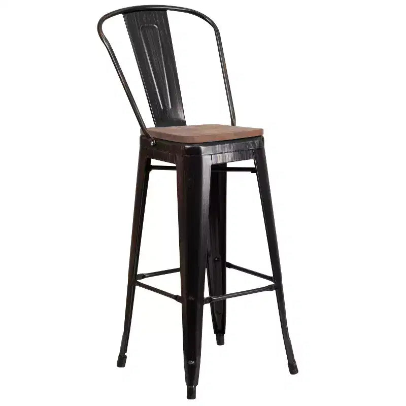 Merrick Lane Metal Dining Stool with Curved Slatted Back and Textured Wood Seat