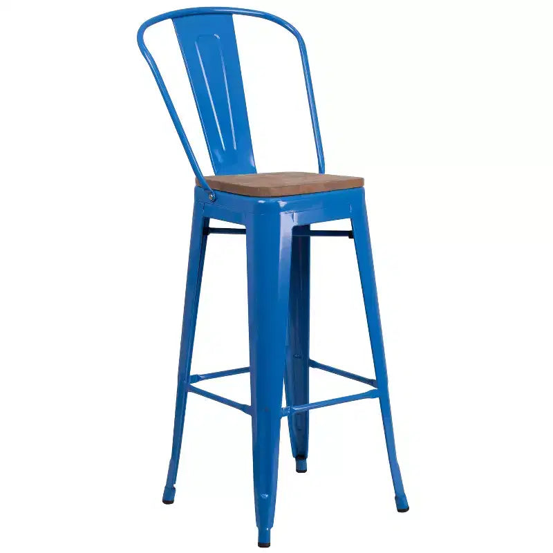 Merrick Lane Metal Dining Stool with Curved Slatted Back and Textured Wood Seat